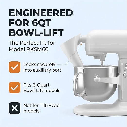 ZOFINA™ Flour Funnel for KitchenAid 6 Qt Bowl-Lift Stand Mixer RKSM60 + Cord Organizer | Mess-Free Pouring Attachment | No-Spill Baking, Food-Grade | Easy Pour & Dishwasher Safe