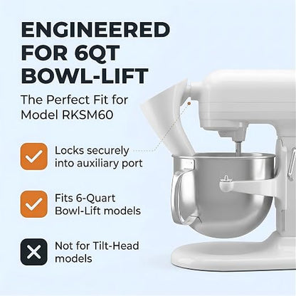 ZOFINA™ Flour Funnel for KitchenAid 6 Qt Bowl-Lift Stand Mixer RKSM60 + Cord Organizer | Mess-Free Pouring Attachment | No-Spill Baking, Food-Grade | Easy Pour & Dishwasher Safe