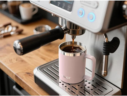 TILUCK 12 oz Insulated Coffee Mug with Lid, Double Wall Vacuum Insulated Travel Mug Cup with Handle for Hot or Cold Drinks（12oz，Matte LightPink）