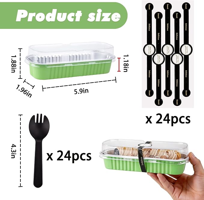 24 Pack Mini Loaf Pans, 7.5oz Mini Cake Pan & Mini Cupcake Pan Set – Disposable Aluminum Baking Pans with Lids, Spoons & Stickers, Premium Sturdy Gift Set for Cakes, Cupcakes, Desserts & Party Treats