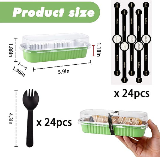 24 Pack Mini Loaf Pans, 7.5oz Mini Cake Pan & Mini Cupcake Pan Set – Disposable Aluminum Baking Pans with Lids, Spoons & Stickers, Premium Sturdy Gift Set for Cakes, Cupcakes, Desserts & Party Treats