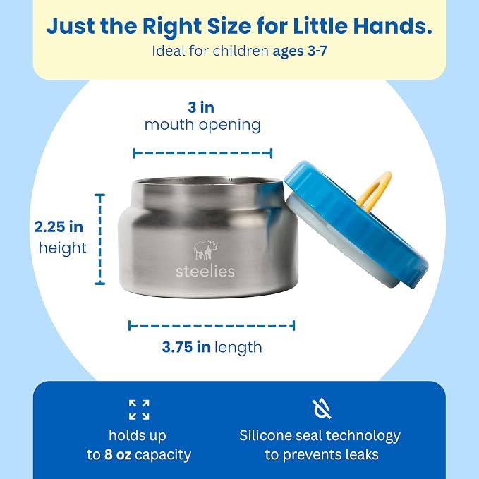 8oz Vacuum Sealed Compact Stainless Steel Insulated Food Container for Hot & Cold Food for Kids, Easy to Open No Twisting Lid, 100% Leak Proof (Blue)