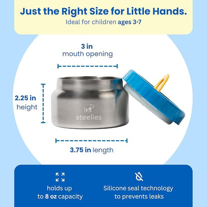 8oz Vacuum Sealed Compact Stainless Steel Insulated Food Container for Hot & Cold Food for Kids, Easy to Open No Twisting Lid, 100% Leak Proof (Blue)