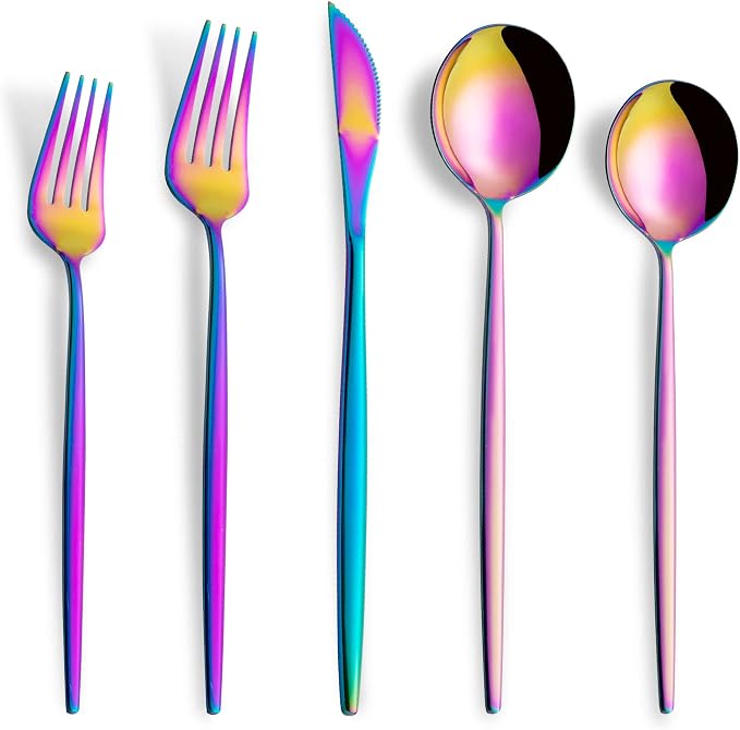 20 Piece Rainbow Silverware Set,Stainless Steel Flatware Cutlery Set Service for 4,Forks Spoons Knives,Kitchen Utensil Set,Tableware for Home and Restaurant, Dishwasher Safe