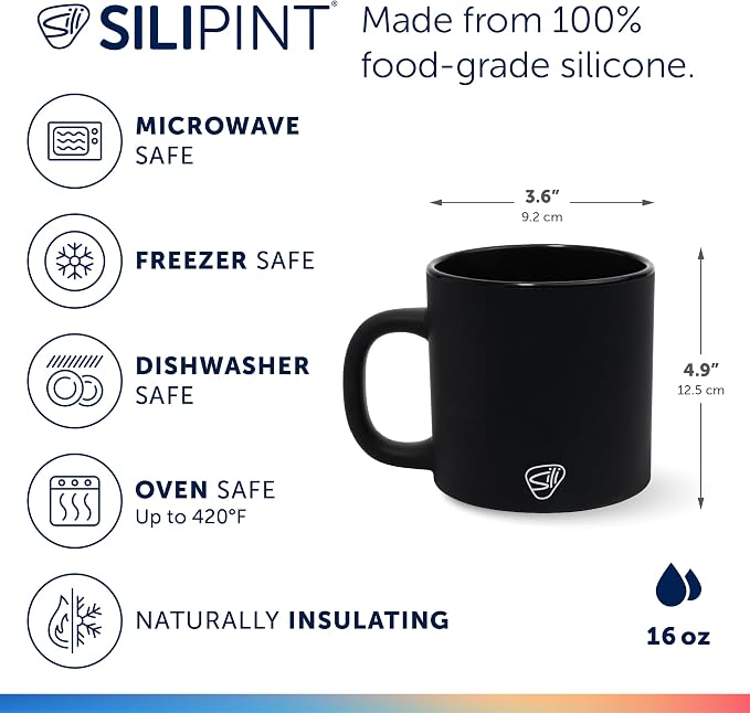 Silipint 16oz Silicone Coffee Mug – Unbreakable Dishwasher Safe Microwave Oven & Freezer Compatible Travel Mug – Non-Toxic Reusable Cup for Hot Coffee Tea or Cold Drinks (Classic Black) Pack of 1