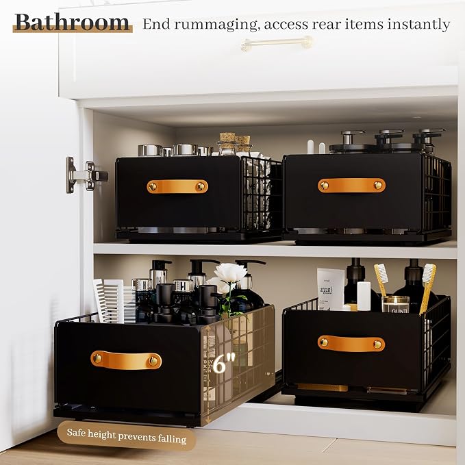 Pull Out Cabinet Organizer, No-Drill Pantry Drawers, Slide Out Shelves with Bamboo Risers for Lipped Cabinets,Ideal for Kitchen, Bathroom & Under Sink Storage (Black, 9.8" Wide-15.7" Deep)