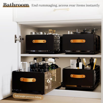Pull Out Cabinet Organizer, No-Drill Pantry Drawers, Slide Out Shelves with Bamboo Risers for Lipped Cabinets,Ideal for Kitchen, Bathroom & Under Sink Storage (Black, 9.8" Wide-15.7" Deep)