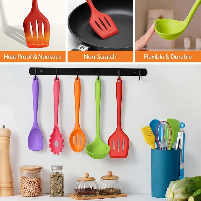 LIANYU 14 Pcs Cooking Utensils Set with Holder, Silicone Kitchen Cookware Utensils Set, Heat Resistant Cooking Gadget Tools Includes Spatula Spoon Turner Whisk Tong, Dishwasher Safe, Colorful