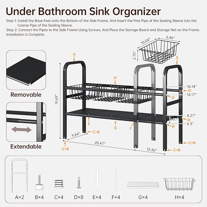 Under Sink Organizers and Storage, 2 Tier Expandable Length Adjustable Height Under Sink Organizer, Easy Assembly Heavy Duty Carbon Steel Space Saving Under Cabinet Shelf Storage Rack