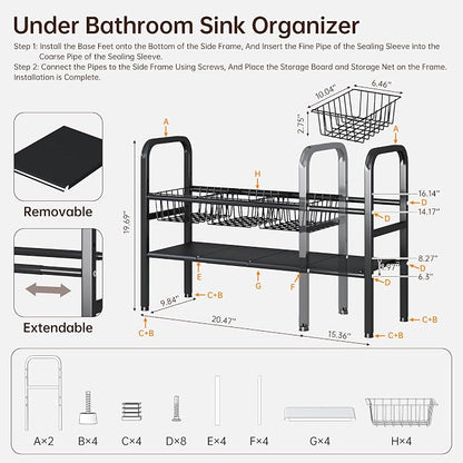 Under Sink Organizers and Storage, 2 Tier Expandable Length Adjustable Height Under Sink Organizer, Easy Assembly Heavy Duty Carbon Steel Space Saving Under Cabinet Shelf Storage Rack