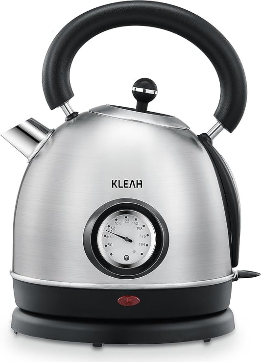 Retro Electric Water Kettle 1.8L Stainless Steel for Boiling Water with Temperature Gauge, Visible Water Level Line, Led Light, Auto Shut-Off & Boil-Dry Protection, 1500W Fast Heating