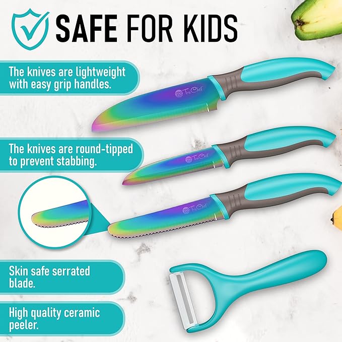 TruChef 5-Piece Kids Cooking Chef Knife Set | Real Stainless Steel Knives with Peeler, Serrated Knife & Holder | Kids Safe Rounded Tips, Easy-Grip Handles | Kitchen Knife Set (5 pcs, Aqua)