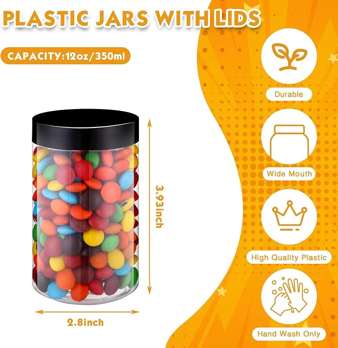 SATINIOR 24 Pieces Empty Clear Plastic Jars with Lids Round Storage Containers Wide Mouth for Beauty Product Cosmetic Cream Lotion Liquid Butter Craft and Food(Black Lid,12 oz)