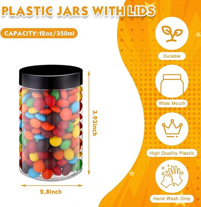 SATINIOR 24 Pieces Empty Clear Plastic Jars with Lids Round Storage Containers Wide Mouth for Beauty Product Cosmetic Cream Lotion Liquid Butter Craft and Food(Black Lid,12 oz)