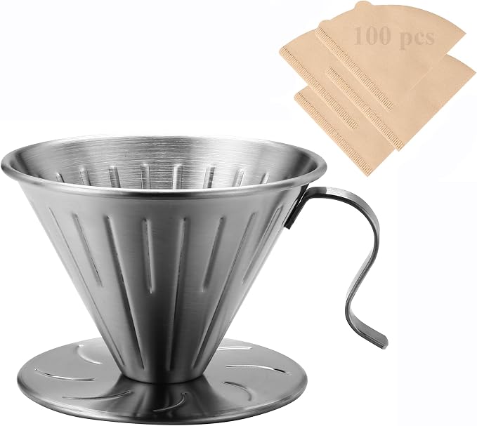 Lalord Pour Over Coffee Maker, 304 Stainless Steel wIth 100 pcs Size 02 Paper Filters (Coffee Dripper)