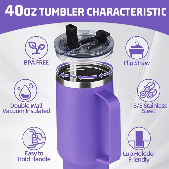 40 oz Tumbler with Handle and Flip Straw, 100% Leakproof Insulated Tumbler with Lid and Straw, Stainless Steel Travel Coffee Mug, Insulated Coffee Thermal Cup for Cold and Hot (Purple)