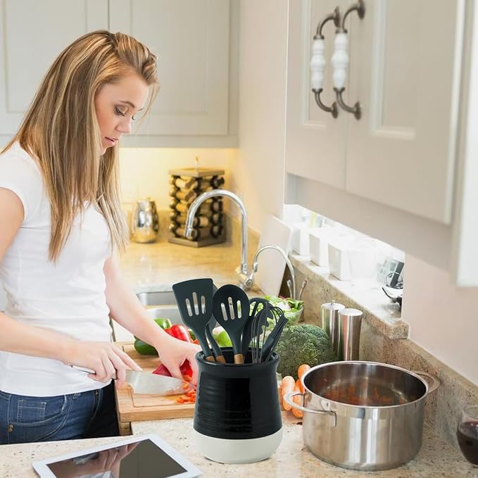 HASENSE Ceramic Utensil Holder for Countertop, 7.1" Large Kitchen Utensil Caddy for Kitchen Organizer, Glossy Black Cooking Utensil Holder to Hold Spatulas, Utensil Crock for Farmhouse Decor