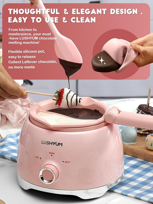 LUSHYUM Chocolate Melting Pot Candy Melts Melter with 2 Insert Pots and Spatula, 4 Cups Capacity Warmer Machine, Ideal Dipping Tool Kitchen Supplies for Making Cake Pop Covered Strawberries Fondue