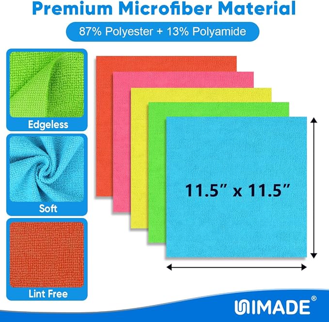 UNIMADE Microfiber Cleaning Cloth, 50PK Reusable Shop Rags Bulk Microfiber Cleaning Cloth Lint Free Cleaning Towels for Car Kitchen Automotive Bar Mechanic Restaurant Garage, 11.5"x11.5", Multicolor
