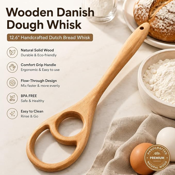 Wooden Danish Dough Whisk Set, 12.6” Seamless Dough Whisk for Sourdough Bread, Wood Mixing Tools for Non-Stick Cookware, Dutch French Whisks for Cooking, Mixing Batter, Crème, Sauce & Egg