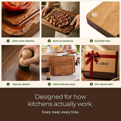 Acacia Wood Cutting Board Set of 3 for Kitchen — Non-Toxic, Kiln-Dried & Pre-Oiled 3x | Warp-Resistant Solid Acacia with Juice Groove, Handles & Anti-Slip Feets | Large Medium Small