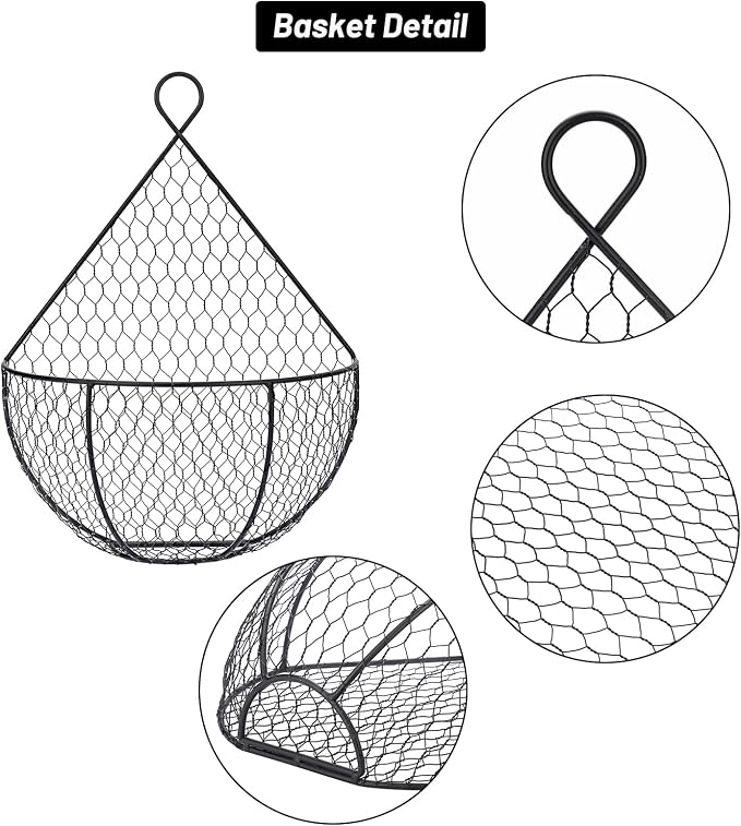 BSTKEY Set of 2,Wall-Mounted Hanging Metal Fruit Vegetable Baskets Hanging Produce Bins for Flowers, Decorations,Veggies,Decorations and More, Black