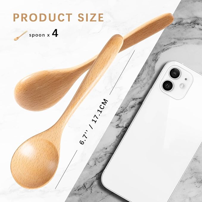 4 PCS Wooden Spoons for Honey, 6.7 inch Small Wooden Spoons - Terrific for Tea, Coffee & Soup, Little Beech Wood Serving Table Spoon Set, Bulk Bamboo Teaspoon for Eating with Unique Design