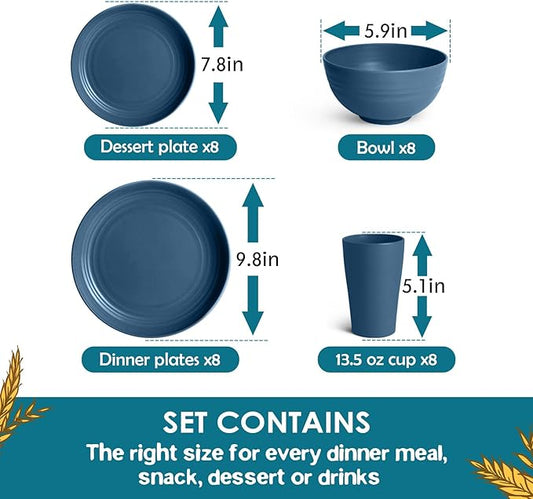 Teivio 32-Piece Kitchen Plastic Wheat Straw Dinnerware Set, Service for 8, Dinner Plates, Dessert Plate, Cereal Bowls, Cups, Unbreakable Colorful Plastic Outdoor Camping Dishes, Autumn Blue