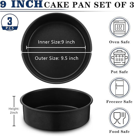 E-far 9 Inch Round Cake Pan Set of 3, Nonstick Stainless Steel Baking Pans Tin, Bakeware for Layer Cakes, Stainless Steel Core & Non-toxic Coating, Straight Side & 2 Inch Deep