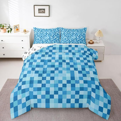 Manfei Pixelated Miners Theme Comforter Set Queen Size,Geometric Check Video Games Duvet Insert Adults Bedroom Decor,Gamepad Camo Grid Bedding Set,Blue Ultra Soft Microfiber Inner Fill 3Pcs Bedding