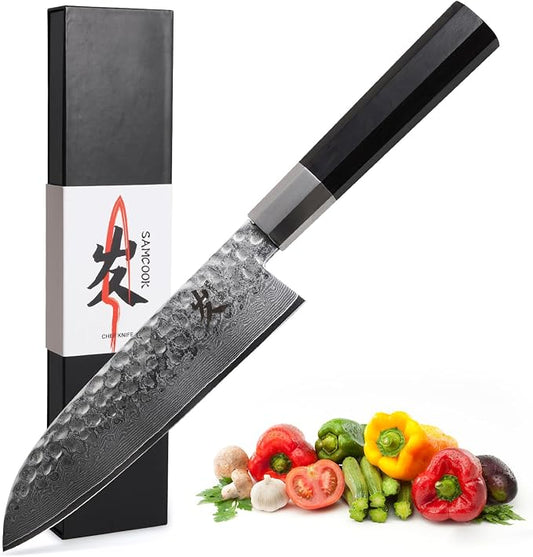 SAMCOOK Santoku Chef Knife - 7 Inch Professional Japanese Knife - VG10 Damascus High Carbon Stainless Steel Hammered Damascus Kitchen Knife - Ergonomic Octagonal Ebony Handle with Gift Box