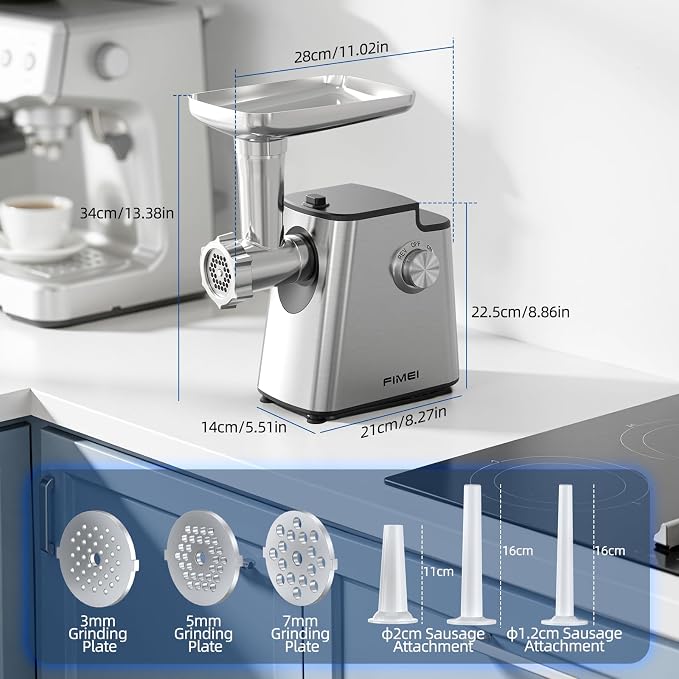 FIMEI Meat Grinder, Stainless Steel Food Processor & Sausage Stuffer, 4-in-1 Heavy Duty Meat Mincer with 2 Blades, 3 Plates, Kibbe Kit And Cookie Maker, for Home Kitchen & Ground Beef