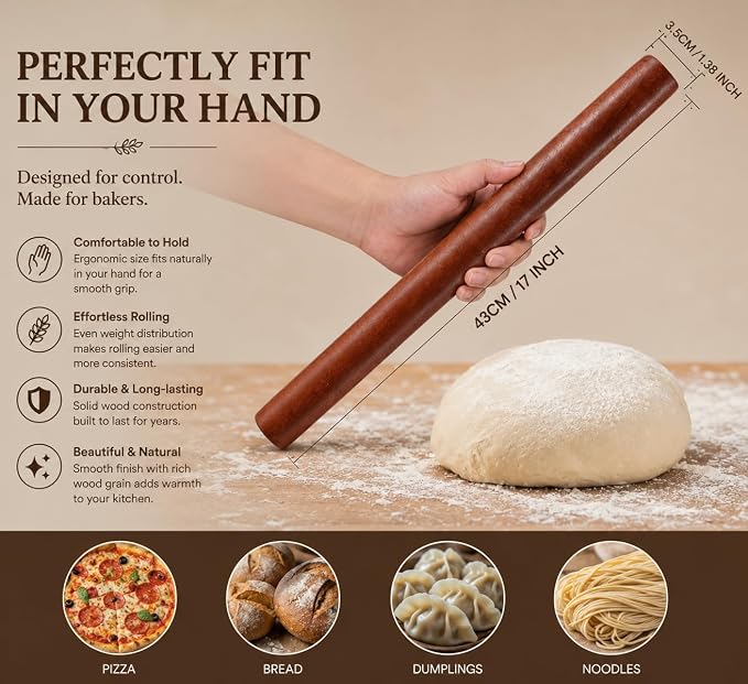 17.1 Inch Straight Rolling Pin – Smooth One-Piece Wooden Dough Roller for Baking, Cookies, Pizza Dough & Pastry