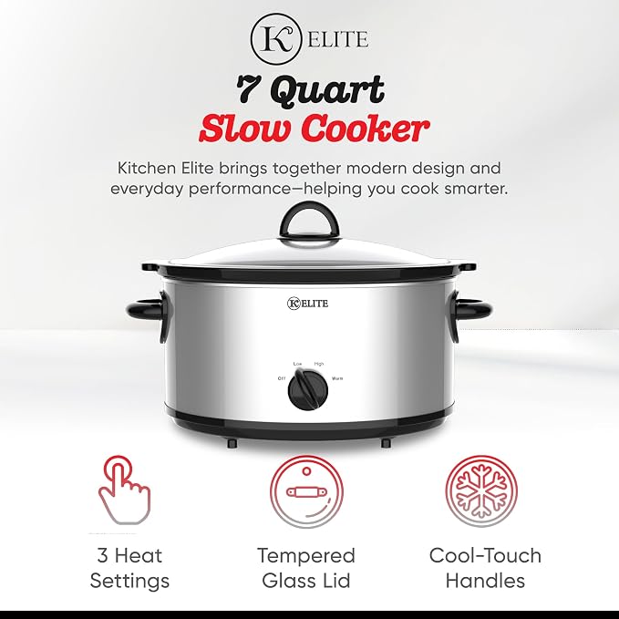Kitchen Elite 7 Quart Slow Cooker for Large Families, Stainless Steel Crock Pot with 3 Heat Settings, Dishwasher-Safe Ceramic Pot & Tempered Glass Lid