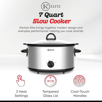 Kitchen Elite 7 Quart Slow Cooker for Large Families, Stainless Steel Crock Pot with 3 Heat Settings, Dishwasher-Safe Ceramic Pot & Tempered Glass Lid