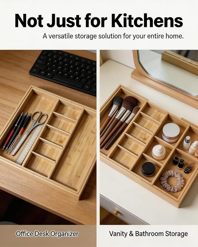 Expandable Bamboo Silverware Drawer Organizer, 5-7 Compartments | Expandable Design, 5-7 Compartments, Dual-Zone Storage, Natural Bamboo Construction, Easy Access Layout