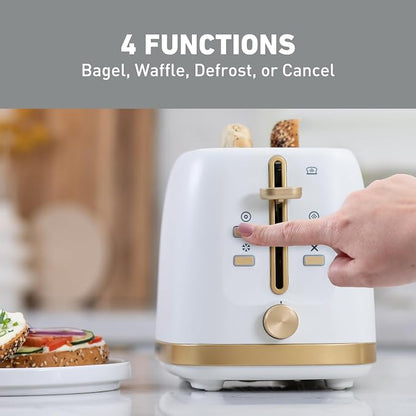 West Bend Timeless 2-Slice Toaster with 7 Browning Levels, Bagel/Waffle/Defrost Settings, High-Lift Lever, Anti-Jam, Easy-Clean Crumb Tray, 2-Slice, White/Gold