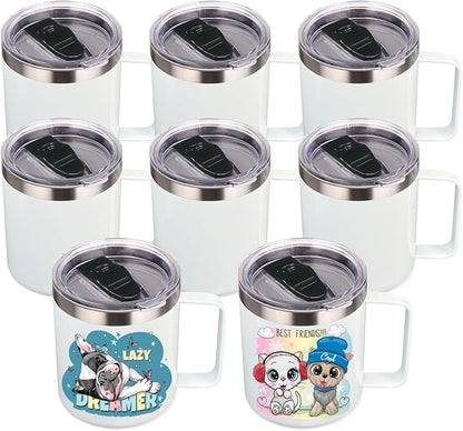 Volhoply 14oz sublimation Insulated Stainless Steel Coffee Mug with Lid Bulk 8 Pack,Double Wall Vacuum Travel Coffee Cup with Handle,Reusable Metal Cups Tumbler,Camping Mugs(Sublimation,8)