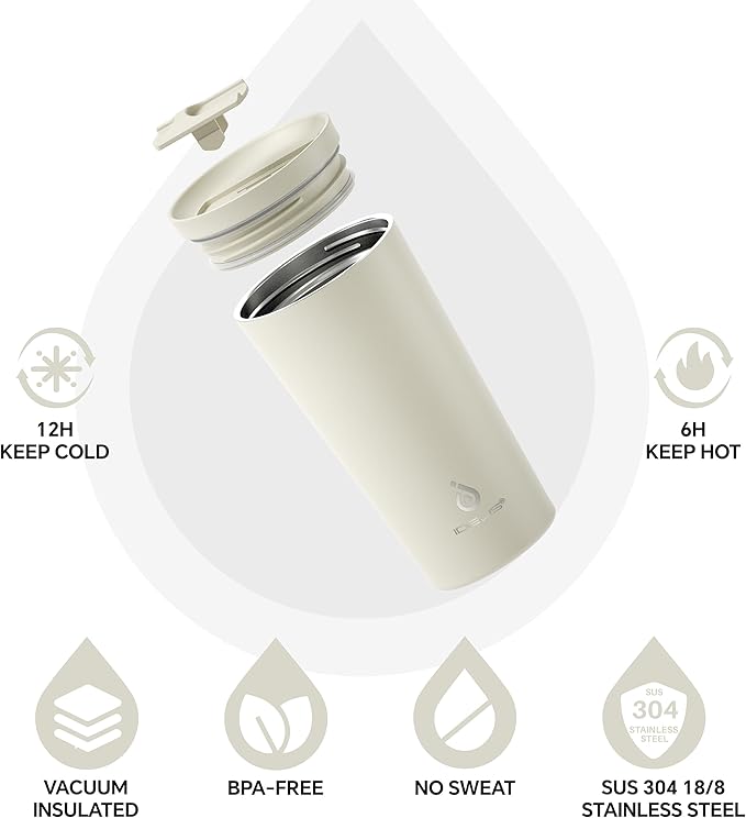 Ideus 17 oz Travel Coffee Mug, Double Wall Vacuum Stainless Steel Insulated Coffee Tumbler With Lid, Splash-Proof & Cup Holder Friendly, Keeps Drinks Hot/Cold, Dishwasher Safe, White