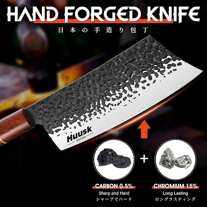 Huusk Japanese Cleaver Knife for Meat Cutting, 6.7 inch Hand Forged Chef Knife High Carbon Steel Sharp Kitchen Knives for Chopping Vegetable, Ideal Gifts for Men and Women