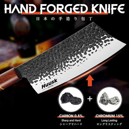 Huusk Japanese Cleaver Knife for Meat Cutting, 6.7 inch Hand Forged Chef Knife High Carbon Steel Sharp Kitchen Knives for Chopping Vegetable, Ideal Gifts for Men and Women