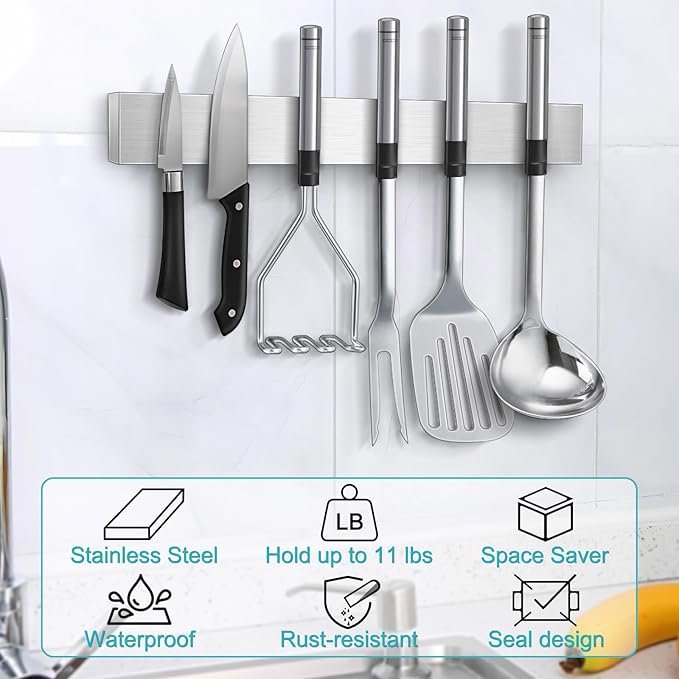 Knife Magnetic Strip, Magnetic Knife Holder for Wall Mount Fridge Refrigerator Knives Magnet Bar Tool Rack RV Kitchen Utensil Holder Metal Kitchen Tool Holder Knives Block RV Accessories 12 Inch