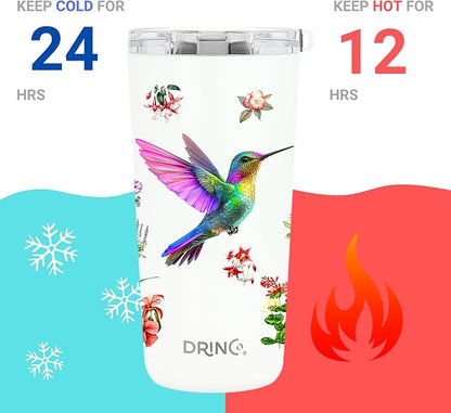 Drinco - 20 oz Stainless Steel Tumbler | Double Walled Vacuum Insulated Mug With Lid, 2 Straws, For Hot & Cold Drinks (20oz Hummingbird)