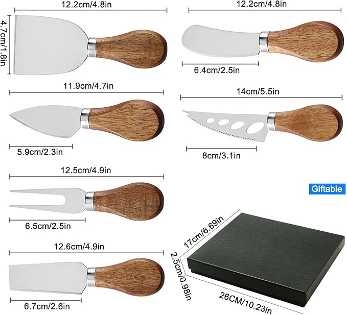 6 Pieces Cheese Knife, Cheese Knives Cheese Board Charcuterie Knife Set Cheese Tools Spreading Knife, Wooden Handle Stainless Steel Slicer Gift Set