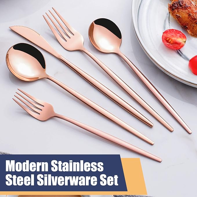 20 Piece Copper Silverware Set,Stainless Steel Flatware Cutlery Set Service for 4 Including Forks Spoons Knives,Kitchen Utensil Set,Tableware for Home and Restaurant, Dishwasher Safe
