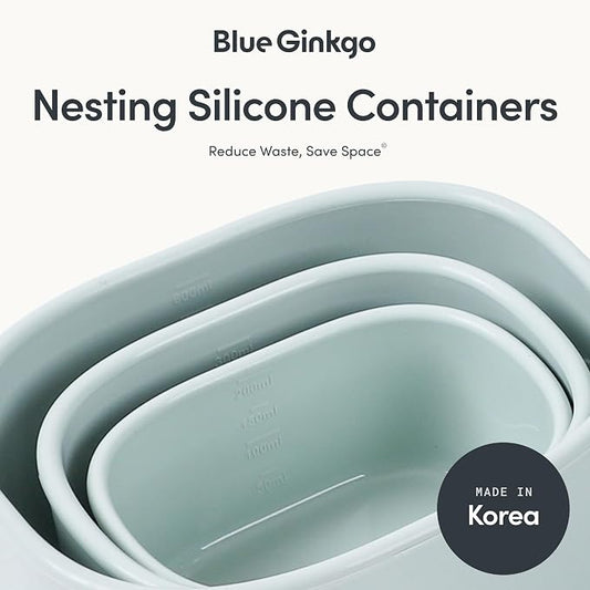 BLUE GINKGO Nesting Silicone Containers - Set of 3 Hard-Shell Silicone Food Storage Containers | BPA Free, Airtight, Dishwasher and Freezer Safe (6.7oz, 10oz, 20oz) - Green