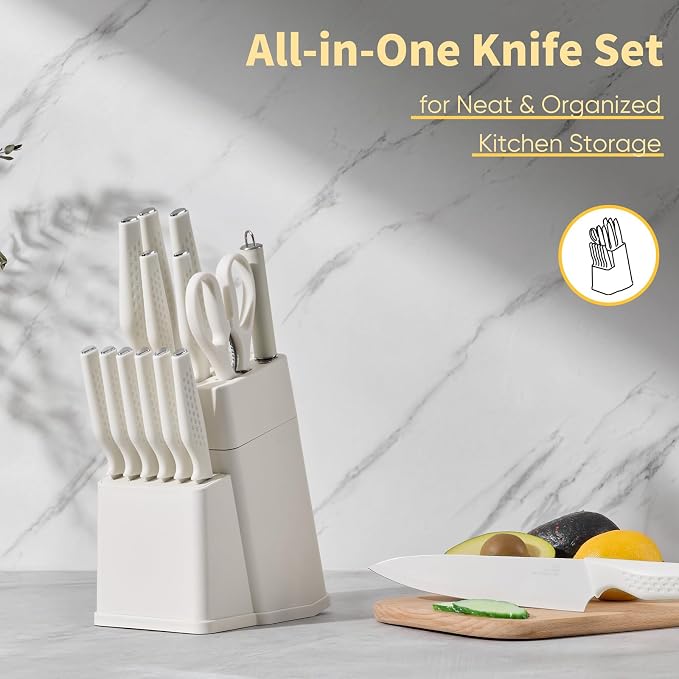 E-far Knife Set, 15-Piece Kitchen Knife Block Set with Sharpener, High Carbon Steel Chef Paring Steak Knives with Ergonomic Non-Slip Handle, Anti-Rust & Razor Sharp, White