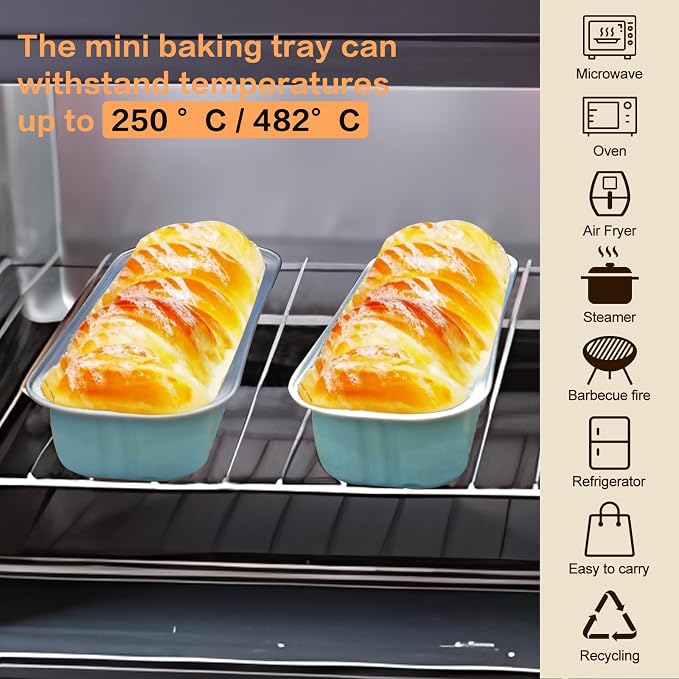 Mini Cake Pans with Lids and Spoons 200 Pack, Mini Loaf Pans with lids 6.8oz, Small Disposable Aluminum Foil Loaf Pans, Rectangular Baking Container for Party, Picnics and Housewarming (Blue)