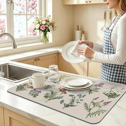 LOKHOM Dish Drying Mat for Kitchen Counter, 17"x28" Absorbent Coffee Bar Mat with Vintage Sage Flower Herbs, Dish Drainer Rack Mat for Kitchen Counter