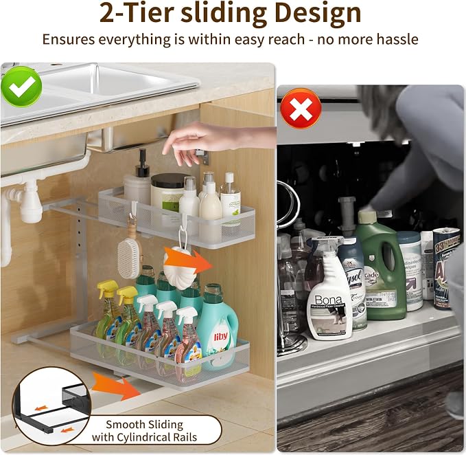 Under Sink Organizer 1 Pack, 2-Tier Slide Out Cabinet Organizer with Metal Sliding Drawer and Hooks, Pull Out Storage Baskets for Kitchen Bathroom Pantry Cabinet Organization (Gray (1 pack))